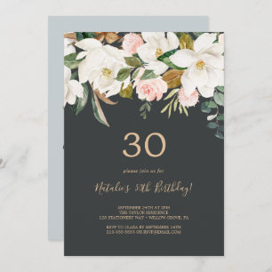 Elegant Magnolia   Schwarz und Weiß 30. Geburtstag Einladung