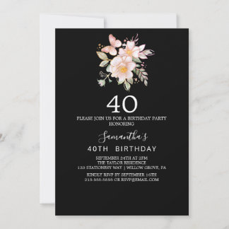 Elegant Magnolia | Schwarz und Weiß 40. Geburtstag Einladung