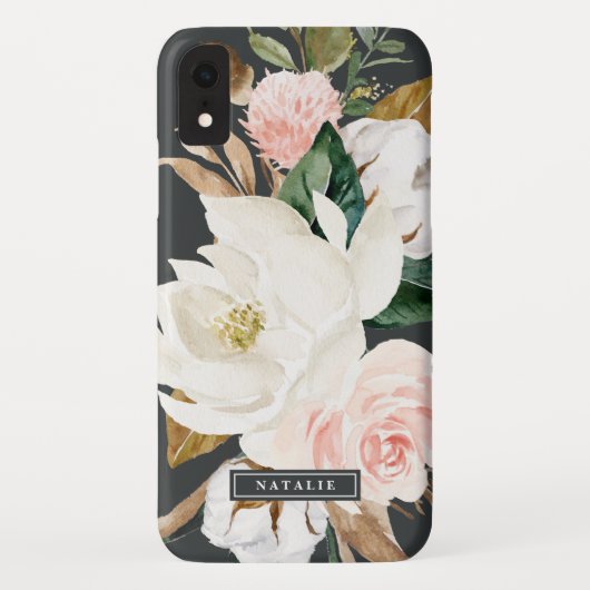 Elegant Magnolia | Schwarz/Weiß-Personalisierte Be Case-Mate iPhone Hülle (Rückseite)
