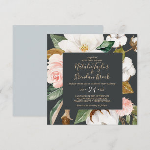 Elegant Magnolia   Schwarz-Weiß-Square-Hochzeit Einladung