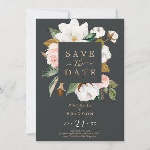 Elegant Magnolia   Schwarze Save the Date Karte