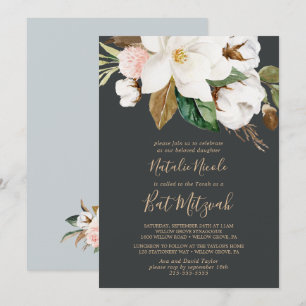 Elegant Magnolia Schwarzer und weißer Bat Mitzva Einladung