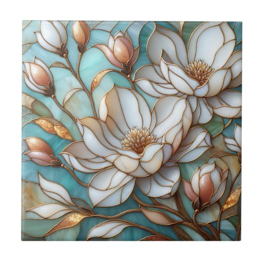 Elegant Magnolia Stained Glass Floral Mosaic Art Fliese (Vorderseite)
