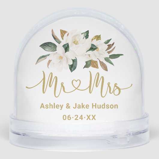 Elegant Magnolia Wedding Monogram Photo Schneekugeln (Rückseite)