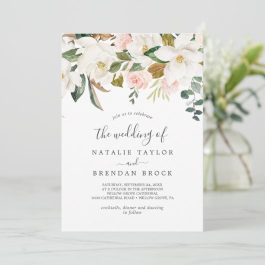 Elegant Magnolia | Weiß und blau die Hochzeit von Einladung (Stehend Vorderseite)