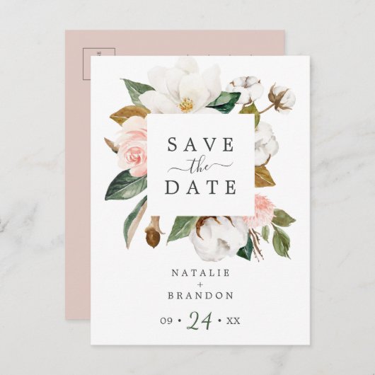 Elegant Magnolia | Weiße Save the Date Postkarte (Vorne/Hinten)