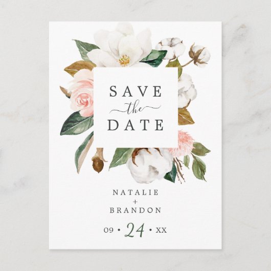 Elegant Magnolia | Weiße Save the Date Postkarte (Vorderseite)