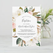 Elegant Magnolia | Weiße und blaue Taufe Einladung (Stehend Vorderseite)