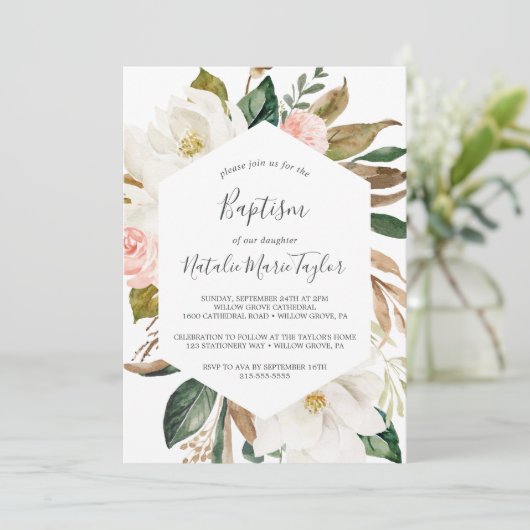 Elegant Magnolia | Weiße und blaue Taufe Einladung (Stehend Vorderseite)