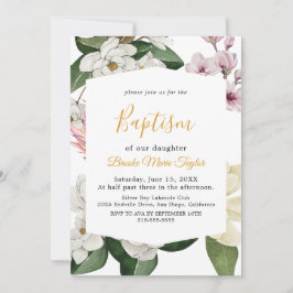 Elegant Magnolia | Weiße und blaue Taufe Einladung