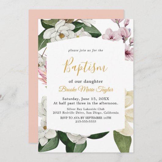 Elegant Magnolia | Weiße und blaue Taufe Einladung (Vorne/Hinten)