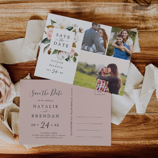 Elegant Magnolia | Weißes 3 Foto Save the Date Einladungspostkarte