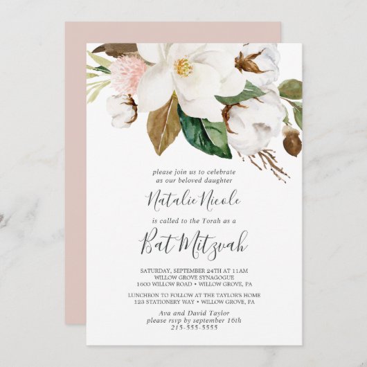 Elegant Magnolia | Weißes Bat Mitzvah Einladung (Vorne/Hinten)