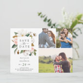 Elegant Magnolia | White 3 Foto Collage Save The Date (Stehend Vorderseite)