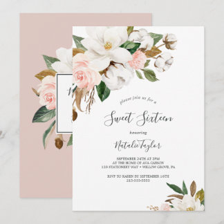 Elegant Magnolia | White and Blush 16 . Geburtstag Einladung