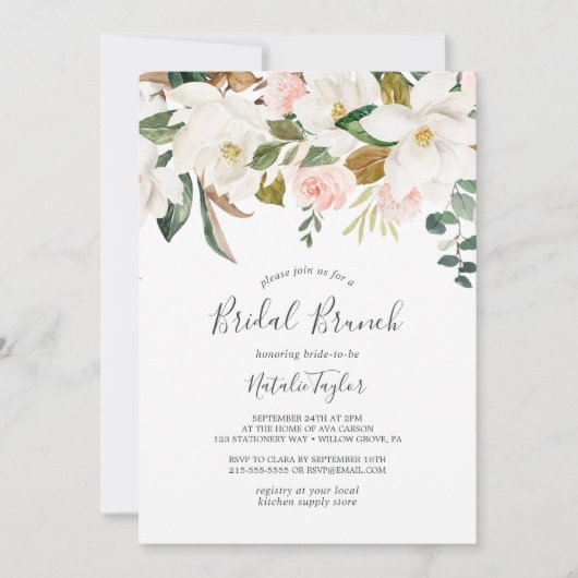 Elegant Magnolia | White and Blush Bridal Brunch Einladung (Vorderseite)