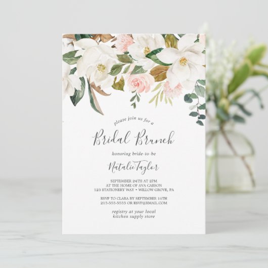 Elegant Magnolia | White and Blush Bridal Brunch Einladung (Stehend Vorderseite)