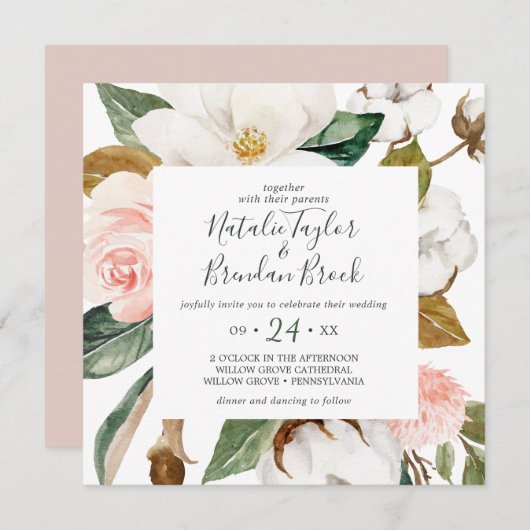 Elegant Magnolia | White and Blush Square Wedding Einladung (Vorne/Hinten)