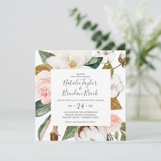 Elegant Magnolia | White and Blush Square Wedding Einladung (Stehend Vorderseite)
