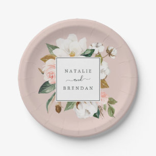 Elegant Magnolia White and Blush Wedding Pappteller