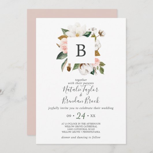 Elegant Magnolia | White & Blush Monogram Wedding Einladung (Vorne/Hinten)