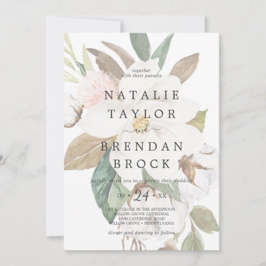 Elegant Magnolia | White Faded Floral Wedding Einladung (Vorderseite)