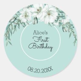 Elegant Magnolia White Pastel Green 1. Geburtstag Runder Aufkleber