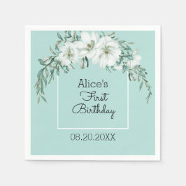 Elegant Magnolia White Pastel Green 1. Geburtstag Serviette