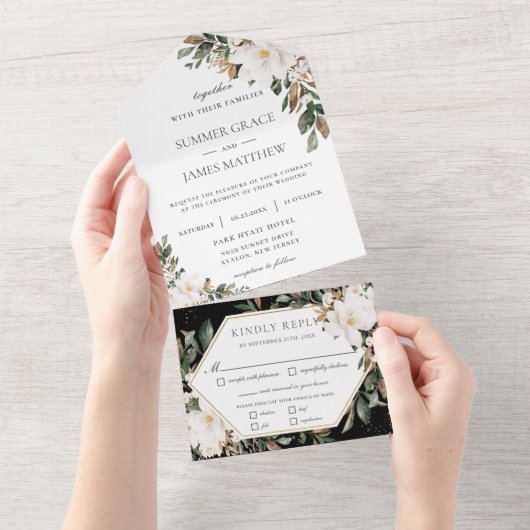 Elegant Magnolias Cotton Blumengrün Hochzeit All In One Einladung (Abreißen)