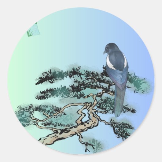 Elegant Magpie Bird Bonsai Aesthetic Sticker (Vorderseite)