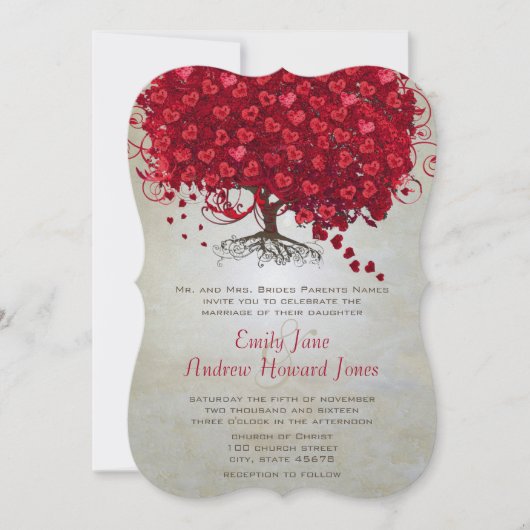 Elegant Mairytale Red Heart Leaf Tree Wedding Einladung (Vorderseite)