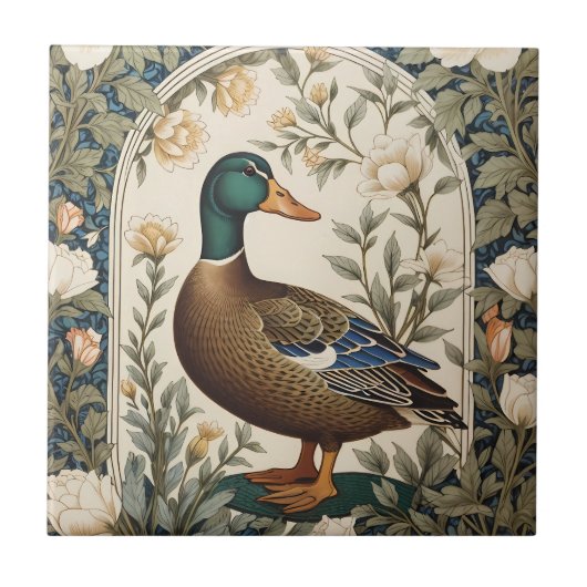 Elegant Mallard Duck William Morris Inspired  Fliese (Vorderseite)