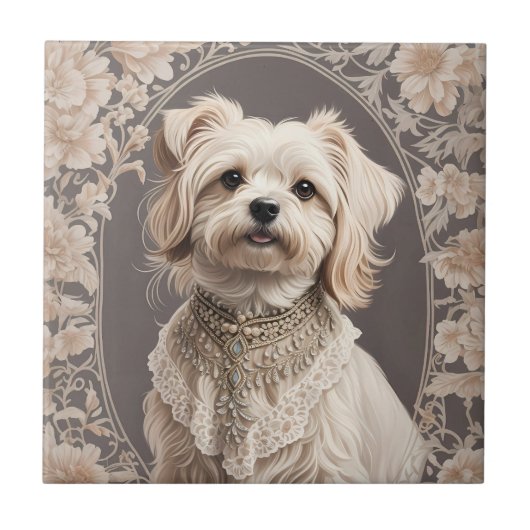Elegant Maltese Dog William Morris Inspiriert Fliese (Vorderseite)
