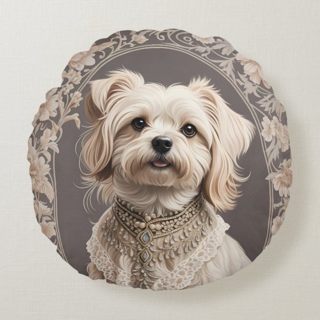 Elegant Maltese Dog William Morris Inspiriert Rundes Kissen (Vorderseite)