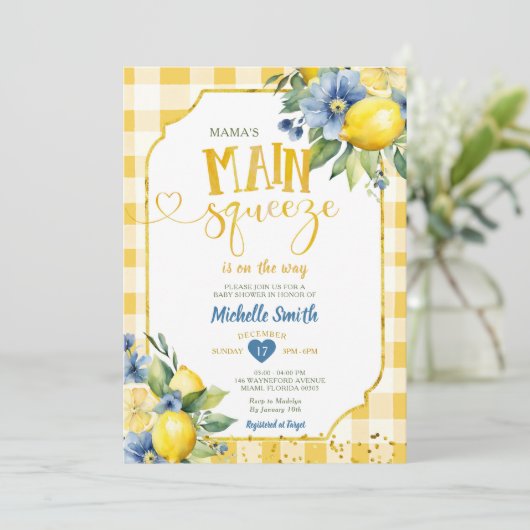 Elegant Mamas Haupt Squeeze Blue Lemon Baby Shower Einladung (Stehend Vorderseite)