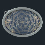 Elegant Mandala Art Boho Gold und Navy Blue Luxury Ovale Gürtelschnalle<br><div class="desc">Schönes goldfarbenes Mandala-Kunstwerk mit marineblau-blauem Hintergrund.</div>