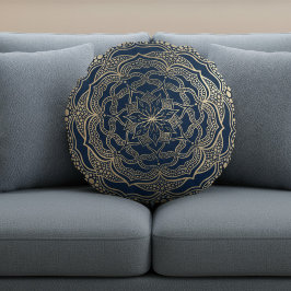 Elegant Mandala Art Boho Luxury Gold und Navy Blue Rundes Kissen