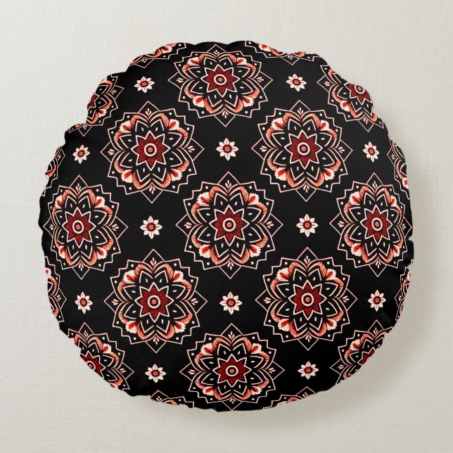 Elegant Mandala Boho Blumenmuster Rundes Kissen (Vorderseite)