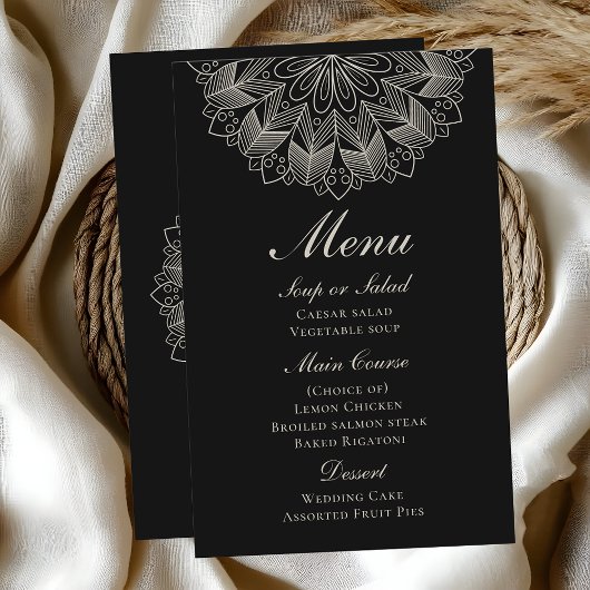Elegant Mandala Indian Boho Black Wedding Menu