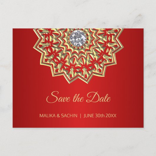 Elegant Mandala Indian RED Wedding SAVE THE DATE Ankündigungspostkarte (Vorderseite)