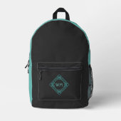 Elegant Manly Black & Aquamarin Art Deco Monogram Bedruckter Rucksack (Vorderseite)