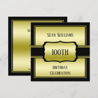 Elegant Man's Gold & Black 100. Geburtstag Einladung