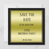 Elegant Man's Gold & Black Birthday Save The Date (Rückseite)