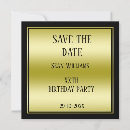 Elegant Man's Gold & Black Birthday Save The Date (Rückseite)