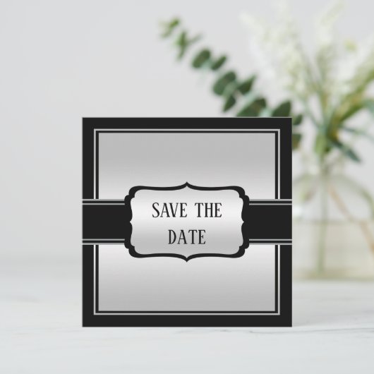 Elegant Man's Silver & Black Birthday Save The Date (Stehend Vorderseite)