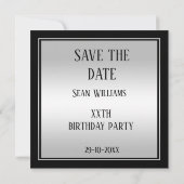 Elegant Man's Silver & Black Birthday Save The Date (Rückseite)