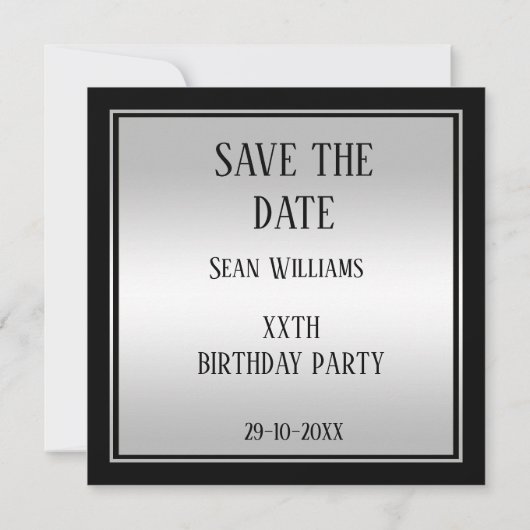 Elegant Man's Silver & Black Birthday Save The Date (Rückseite)