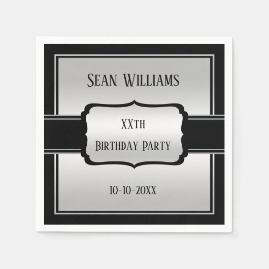 Elegant Man's Silver & Black Birthday Serviette (Vorderseite)