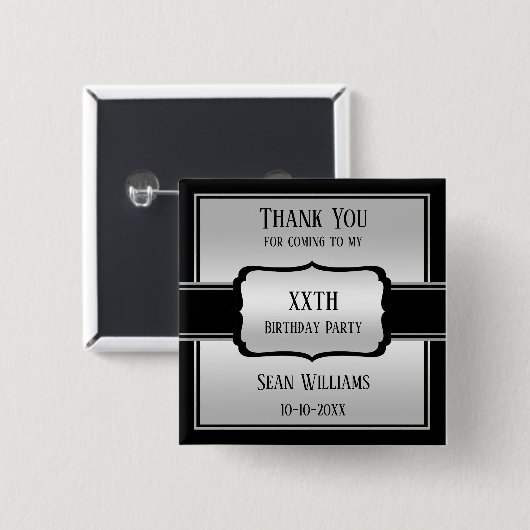 Elegant Man's Silver & Black Birthday Vielen Dank Button (Vorne & Hinten)