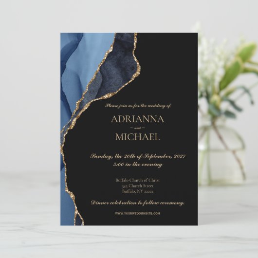 Elegant Marble Blue Agate Hochzeit Einladung (Stehend Vorderseite)